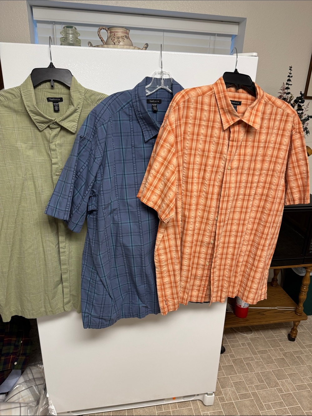 3 Van Heusen Gray and Teal, Orange and Blue Plaid Button-Down Shirts